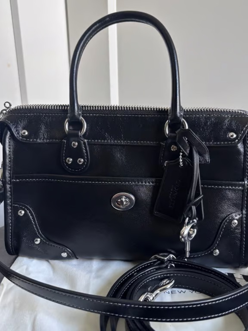 Coach Black Leather Satchel with Silver Hardware